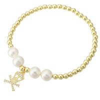 Cúbicos Circonia pulsera Latón Micro pavimenta, metal, con Shell Pearl, Calavera, chapado en color dorado, micro arcilla de zirconia cúbica & para mujer, longitud aproximado 7 Inch, Vendido por UD