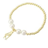 Cúbicos Circonia pulsera Latón Micro pavimenta, metal, con Shell Pearl, Mano, chapado en color dorado, micro arcilla de zirconia cúbica & para mujer, longitud aproximado 7 Inch, Vendido por UD