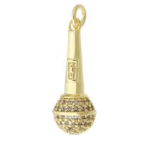 Messing hanger met micro-paved kubieke zirconia's, Microfoon, gold plated, micro pave zirconia, 9x23.50x9mm, Gat:Ca 2mm, Verkocht door PC