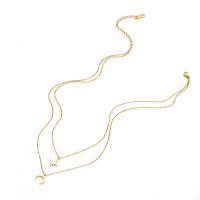 Collana in acciaio inossidabile, 304 acciaio inox, Luna e Stella, Placcato in oro 14K, Doppio strato & per la donna, Lunghezza Appross. 16 pollice, Venduto da PC