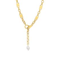 Colar de aço titânio, Partículas de aço, with Pérolas de água doce, with 3cm extender chain, para mulher, dourado, 8x9mm, comprimento Aprox 39 cm, vendido por PC