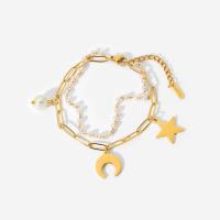 Roestvrij staal armbanden, 304 roestvrij staal, met Plastic Pearl, met 1.57inch extender keten, Maan en Ster, 18K verguld, Dubbele laag & mode sieraden & voor vrouw, gouden, Per verkocht Ca 6.69 inch, Ca 7.09 inch Strand