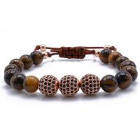 Naturlige Tiger Eye Armbånd, med Messing, Runde, forgyldt, Justerbar & mode smykker & Micro Pave cubic zirconia, flere farver til valg, 10mm,8mm, Længde 16-22 cm, Solgt af PC