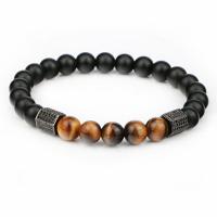 Gemstone Armbånd, Sort Agate, med Tiger Eye & Messing, forgyldt, mode smykker & Unisex & Micro Pave cubic zirconia, flere farver til valg, 8mm, Længde 18-21 cm, Solgt af PC