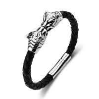 Bracelet cordon en cuir, avec acier inoxydable 316L, léopard, poli, bijoux de mode & pour homme, noire, Longueur 19-20 cm, Vendu par PC