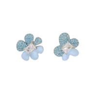 Boucles d'oreilles en laiton zircon cubique pavent, fleur, Placage de couleur argentée, bijoux de mode & pavé de micro zircon & pour femme & émail, bleu, protéger l'environnement, sans nickel, plomb et cadmium, 19mm, Vendu par paire