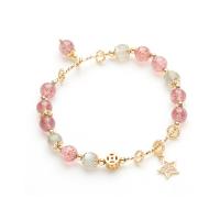 Bracelets de pierres précieuses, laiton, avec Moonstone & Strawberry Quartz, Plaqué d'or, pour femme & avec strass, plus de couleurs à choisir, 6mm, Longueur Environ 5.9 pouce, Vendu par PC