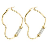 Mens acier inoxydable Hoop boucles d'oreilles, Acier inoxydable 304, coeur, bijoux de mode & pour femme & avec strass, doré, 54x41mm, Vendu par paire