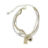 Zinklegering armbandkettingen, Zinc Alloy, met Plastic Pearl, Hart, gold plated, drie lagen & voor vrouw, Lengte Ca 6.7 inch, Verkocht door PC