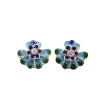 Cloisonne Stud Auskarai, su Žalvarinis, Gėlė, moters, daugiau spalvų pasirinkimas, 13mm, Pardavė Pora