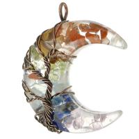 Gemstone Vedhæng Smykker, Resin, med messingtråd & Ædelsten, Moon, antik bronze farve forgyldt, du kan DIY, blandede farver, 38x47.50x16mm, Hole:Ca. 4mm, Solgt af PC