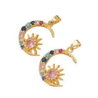 Cúbicos Circonia Colgante Latón Micro pavimenta, metal, Luna y estrella, chapado en color dorado, micro arcilla de zirconia cúbica, multicolor, 17x23mm, Vendido por UD