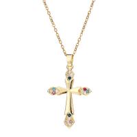 Cubic Zircon Micro Pave Brass Necklace Cross real gold plated micro pave cubic zirconia & for woman Length Approx 17.7 Inch Sold By PC