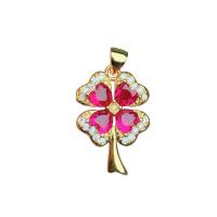 Strass messing hangers, met Bergkristal, Four Leaf Clover, gold plated, uniseks, rood, nikkel, lood en cadmium vrij, 16mm, Verkocht door PC