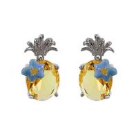 Boucles d'oreilles cristal, alliage de zinc, avec cristal, ananas, Placage de couleur argentée, bijoux de mode & pour femme & émail, Jaune, protéger l'environnement, sans nickel, plomb et cadmium, 25x12mm, Vendu par paire