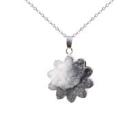 Ice Quartz Agate Pendant with Brass Flower silver color plated Unisex grey Sold By PC