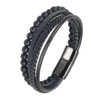 Bracelet cordon en cuir, Acier titane, avec Cuir, pistolet noir plaqué, multicouche & bracelet tressé & pour homme, noire, 215mm, Vendu par PC