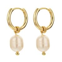 Pär Hoop Drop örhänge, Mässing, med Freshwater Pearl, 14K guldpläterad, mode smycken & för kvinna, 13mm, Säljs av Par