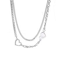 Collier d'acier titane, avec 5.8cm chaînes de rallonge, coeur, poli, Double couche & bijoux de mode & pavé de micro zircon & pour femme, argent, Longueur Environ 40.5 cm, Vendu par PC