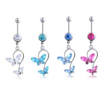 Rustfrit stål Belly Ring, Zinc Alloy, med 316L Stainless Steel, Butterfly, forgyldt, Micro Pave cubic zirconia & for kvinde, flere farver til valg, 1.6x11mm, 5mm, Solgt af PC