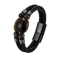 Lederen koord armband, Leer, met Tiger Eye & 316L roestvrij staal, plated, mode sieraden & verschillende lengte voor keuze & voor de mens, meer kleuren voor de keuze, Verkocht door PC