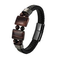 Lederen koord armband, Leer, met Tiger Eye & 316L roestvrij staal, plated, mode sieraden & verschillende lengte voor keuze & voor de mens, meer kleuren voor de keuze, Verkocht door PC