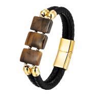 Leather Cord Bracelet with Tiger Eye & 316L Stainless Steel plated fashion jewelry & for man Sold By PC