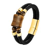 Lederen koord armband, Leer, met Tiger Eye & 316L roestvrij staal, plated, mode sieraden & verschillende lengte voor keuze & uniseks, meer kleuren voor de keuze, Verkocht door PC