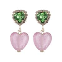 Rhinestone Ørering, Zinc Alloy, med Lampwork, Heart, guldfarve belagt, mode smykker & for kvinde & med rhinestone, flere farver til valg, nikkel, bly & cadmium fri, 41mm, Solgt af par