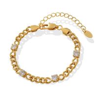 Pulseira de aço titânio, Partículas de aço, with zircone em forma de cubo, with 5cm extender chain, para mulher, dourado, 5mm, comprimento Aprox 16 cm, vendido por PC