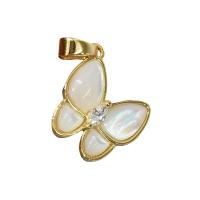 laiton Pendentif, avec coquille blanche, papillon, Plaqué or 18K, pavé de micro zircon, 15.80x14.90mm, Vendu par PC