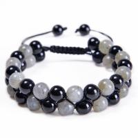 Edelsteen Woven Ball Armbanden, Maansteen, met Knoopkoord & Black Stone, Dubbele laag & uniseks & verschillende grootte voor keus, Lengte Ca 7.5-11.8 inch, Verkocht door PC