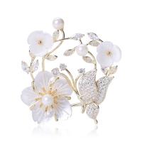 Shell Broche, Messing, met White Shell & Plastic Pearl, Bloem, echt goud verguld, mode sieraden & micro pave zirconia & voor vrouw, gouden, nikkel, lood en cadmium vrij, 47x52mm, Verkocht door PC