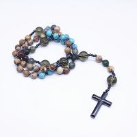 Collier de chapelet, jaspe de photo, avec fer Rocher & turquoise & agate indienne & Cristal gris, unisexe, couleurs mélangées, Longueur Environ 26.77 pouce, Vendu par PC