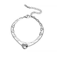 Pulseira de aço titânio, Partículas de aço, with 5cm extender chain, Coração, Camada Dupla & joias de moda & ajustável & para mulher, prateado, comprimento 15 cm, vendido por PC