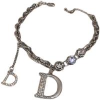 Titanium halskettingen, Titanium Staal, met Zinc Alloy, met 5cm extender keten, Letter D, silver plated, mode sieraden & verstelbaar & voor vrouw & met strass, zilver, Lengte 17.5 cm, Verkocht door PC