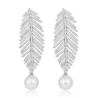 Ciúbach Zirconia Micrimhilseogra réiteodh Earring Prás, Leaf, dath airgid plated, micrea réiteach zirconia ciúbach & do bhean, 57x17mm, Díolta De réir Péire