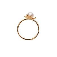 Freshwater Pearl fingerring, Messing, med Ferskvandsperle, Runde, guldfarve belagt, for kvinde & med rhinestone, hvid, nikkel, bly & cadmium fri, 6-7mm, Solgt af PC