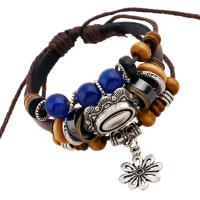 Rindsleder Armband, Kuhhaut, mit Holz & Zinklegierung, mit Verlängerungskettchen von 9-10cm*2, Blume, silberfarben plattiert, Vintage & mehrschichtig & unisex & einstellbar, gemischte Farben, 6mm, Länge ca. 17 cm, verkauft von PC