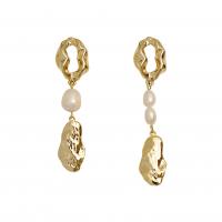 Boucles d'oreilles asymétriques, laiton, avec perle d'eau douce cultivée, Placage de couleur d'or, bijoux de mode & pour femme, Or, 53x13mm, Vendu par paire