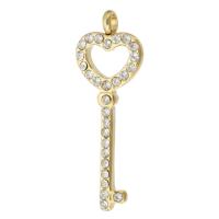 Roestvrij stalen sieraden Hangers, 304 roestvrij staal, Sleutel, met strass, gouden, 11x30.50x2mm, Gat:Ca 2mm, Verkocht door PC