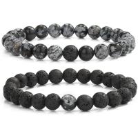 Gemstone Armbånd, Snowflake Obsidian, med Lava, Runde, elastisk & forskellig emballage stil for valg & Unisex, flere farver til valg, 8mm, Længde 7.5 inch, Solgt af PC