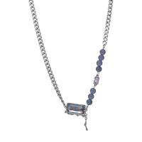 Titanium Steel Necklace with Glass with 5cm extender chain Rectangle Vacuum Ion Plating fashion jewelry & adjustable & for woman silver color Length 42.5 cm Sold By PC