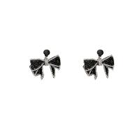 Boucle d'oreille strass, alliage de zinc, Noeud papillon, bijoux de mode & pour femme & avec strass, noire, protéger l'environnement, sans nickel, plomb et cadmium, 12x12mm, Vendu par paire