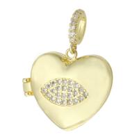 Ottone Ciondoli Locket, Cuore, placcato color oro, può aprire e mettere in qualcosa & gioielli di moda & DIY & Micro spianare cubic zirconia & per la donna, dorato, 23x19x8mm, Foro:Appross. 3mm, 10PC/lotto, Venduto da lotto