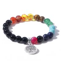 Pulseras de piedras preciosas, con aleación de zinc, Árbol de la vida, chapado en color de plata, elástico & para hombre, color mixto, longitud 7.5 Inch, Vendido por UD