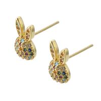 laiton boucle d oreille dormeuse, lapin, Placage de couleur d'or, bijoux de mode & pavé de micro zircon & pour femme, multicolore, 7x12x15mm, 10pairescouple/lot, Vendu par lot