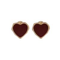 Brass Stud Earring Heart real gold plated fashion jewelry & for woman & enamel red nickel lead & cadmium free Sold By Pair