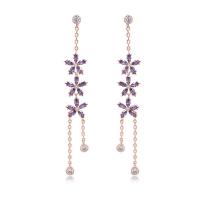 Cubic Zirconia Micro Pave Latão Brinco, cobre, Flor, rosa real com banho de cor, joias de moda & Vario tipos a sua escolha & micro pavimento em zircônia cúbica & para mulher, roxo, níquel, chumbo e cádmio livre, 9x68mm, vendido por par