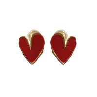 Brass Stud Earring Heart real gold plated fashion jewelry & for woman & enamel red nickel lead & cadmium free Sold By Pair